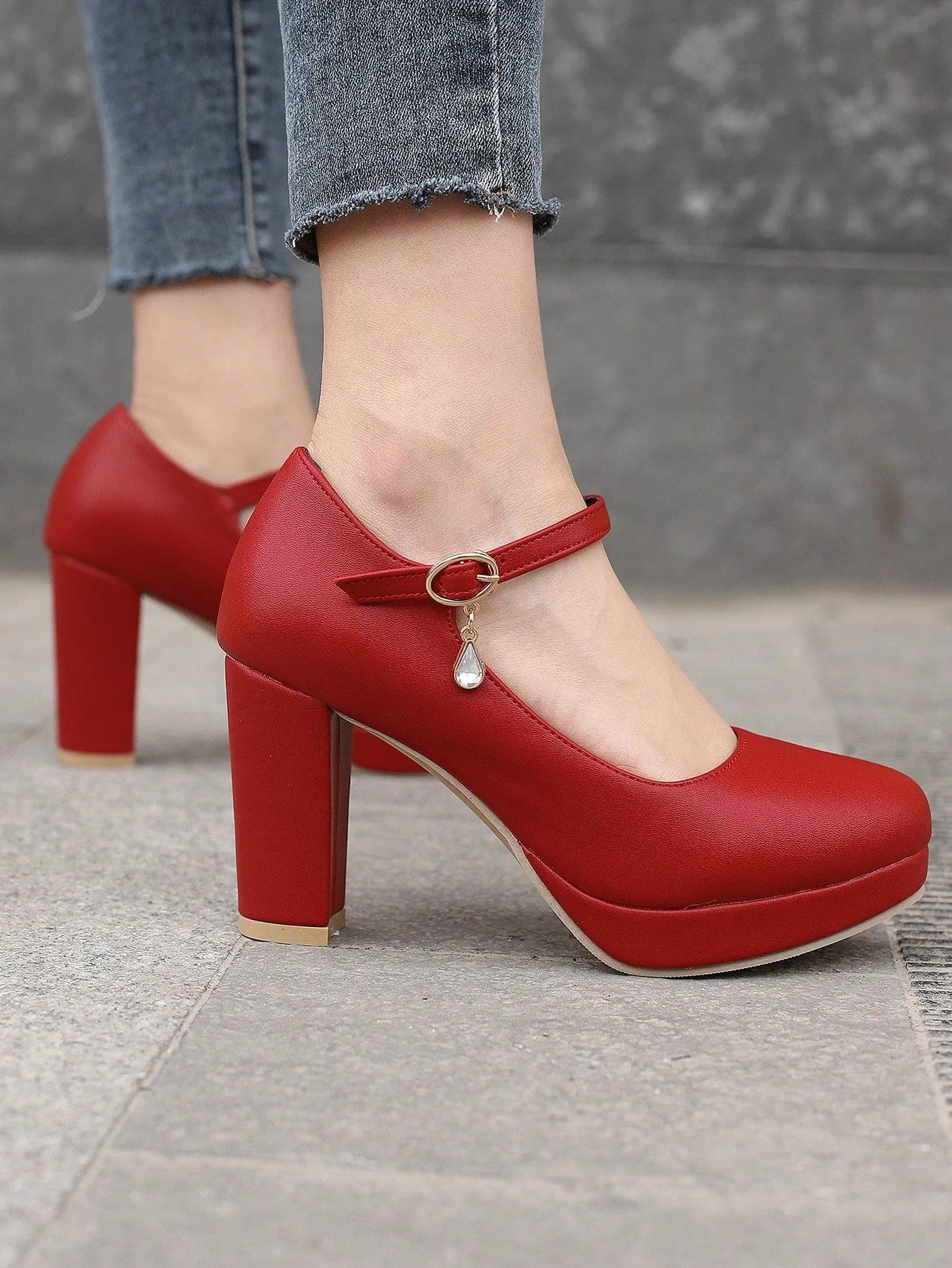 Women Rhinestone Decor Mary Jane Pumps, Chunky Heeled Glamorous Pumps Red