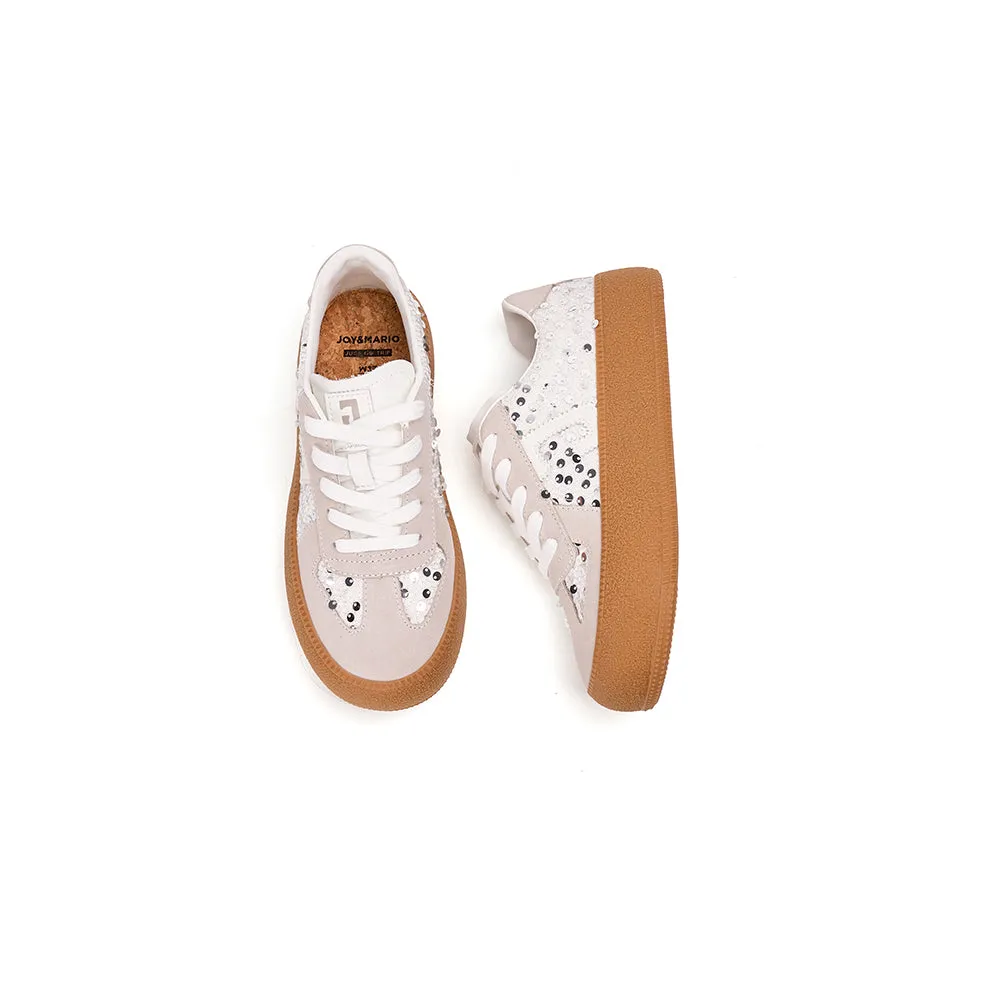 Women’s Lace-up Cow Suede and Sequins German Army Platform Trainers-83571W