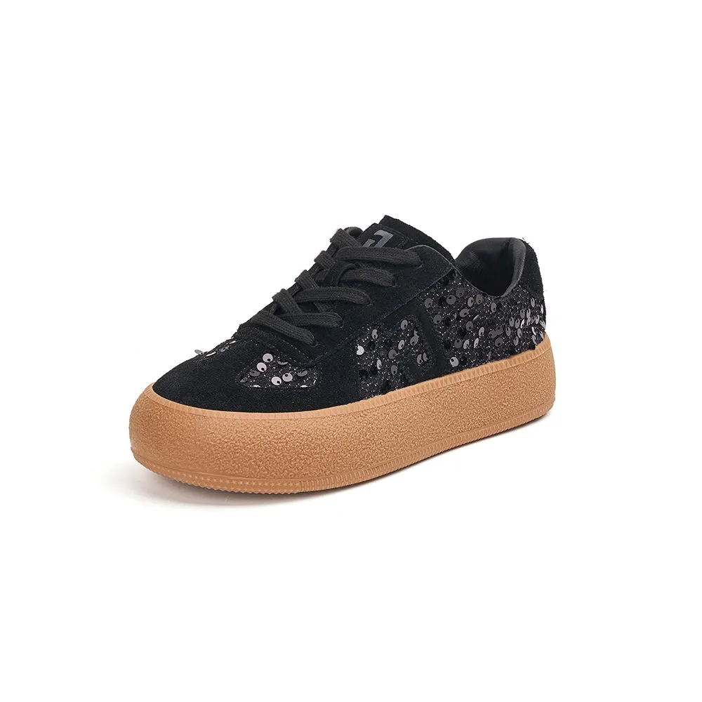 Women’s Lace-up Cow Suede and Sequins German Army Platform Trainers-83571W
