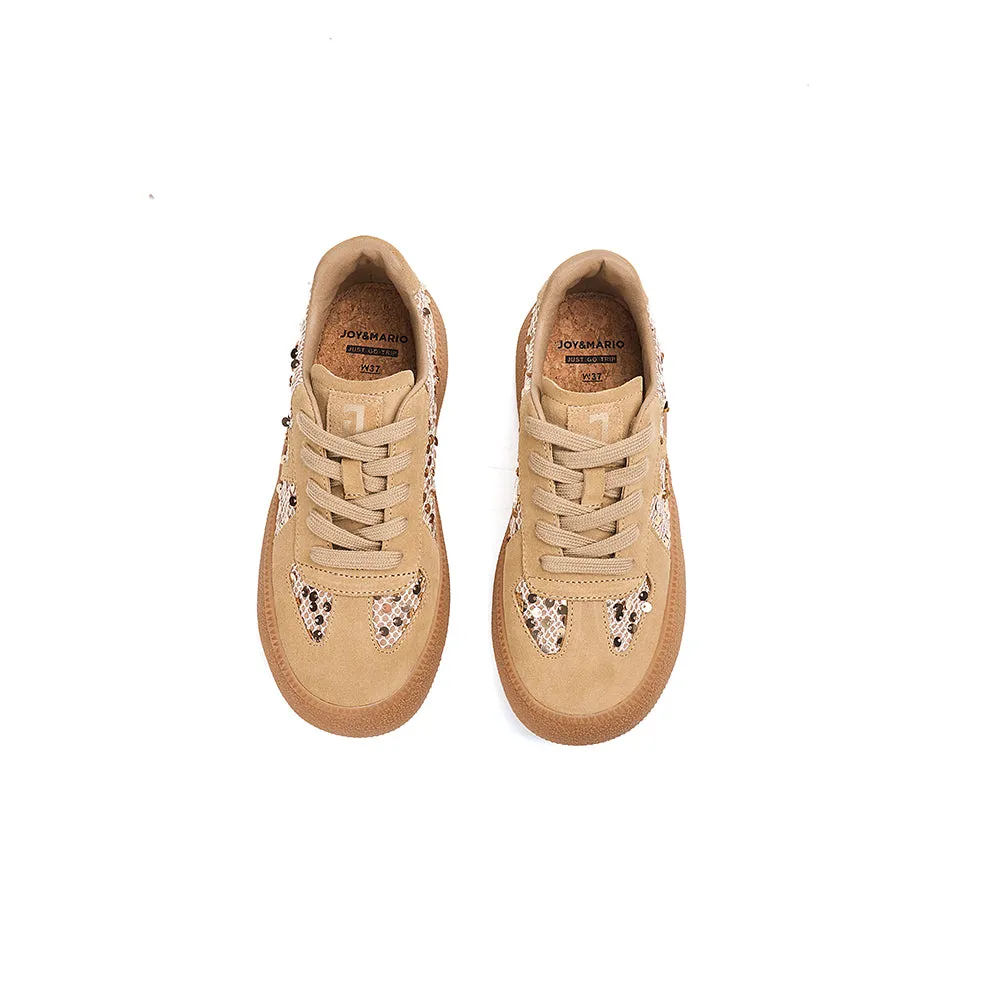 Women’s Lace-up Cow Suede and Sequins German Army Platform Trainers-83571W