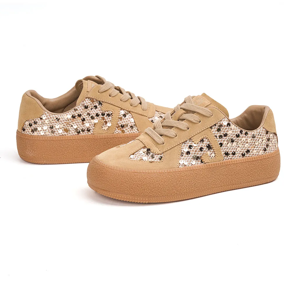 Women’s Lace-up Cow Suede and Sequins German Army Platform Trainers-83571W