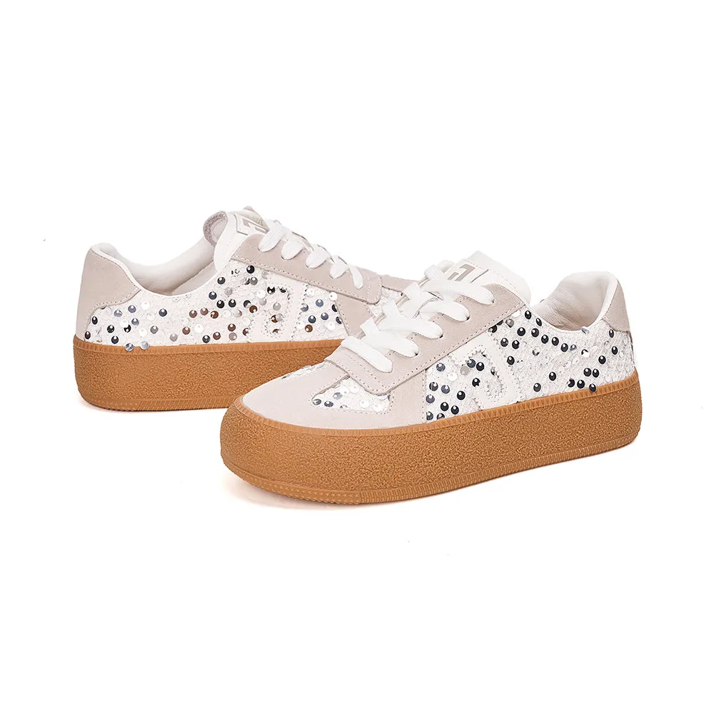 Women’s Lace-up Cow Suede and Sequins German Army Platform Trainers-83571W