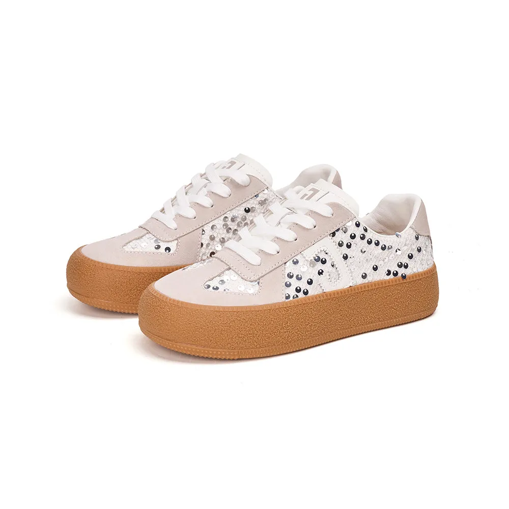 Women’s Lace-up Cow Suede and Sequins German Army Platform Trainers-83571W