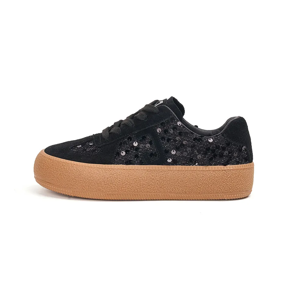 Women’s Lace-up Cow Suede and Sequins German Army Platform Trainers-83571W