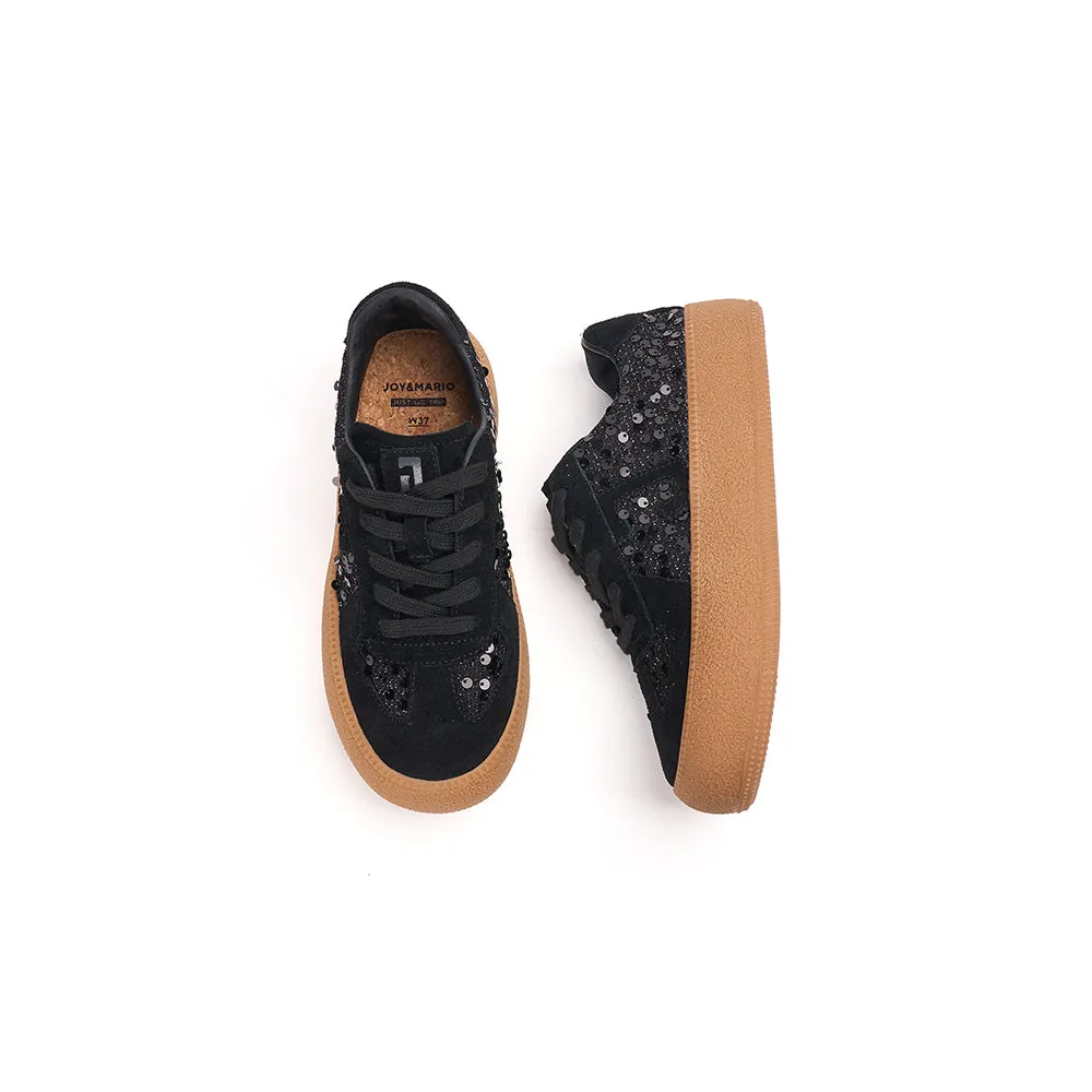 Women’s Lace-up Cow Suede and Sequins German Army Platform Trainers-83571W