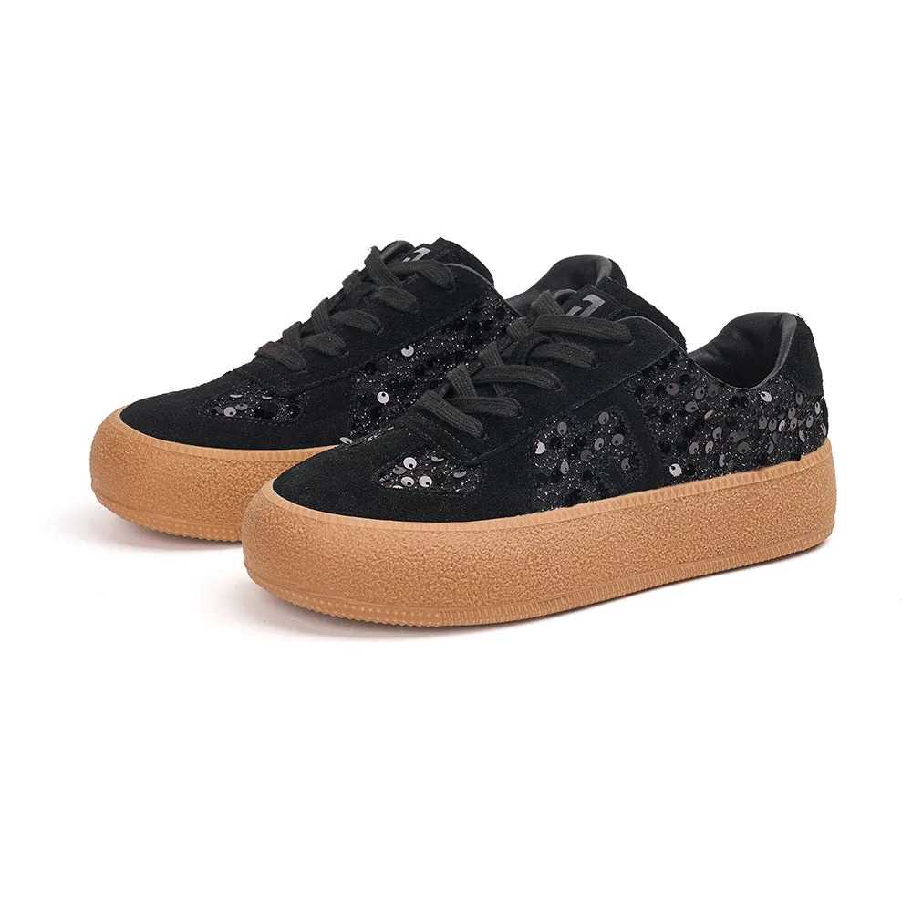 Women’s Lace-up Cow Suede and Sequins German Army Platform Trainers-83571W