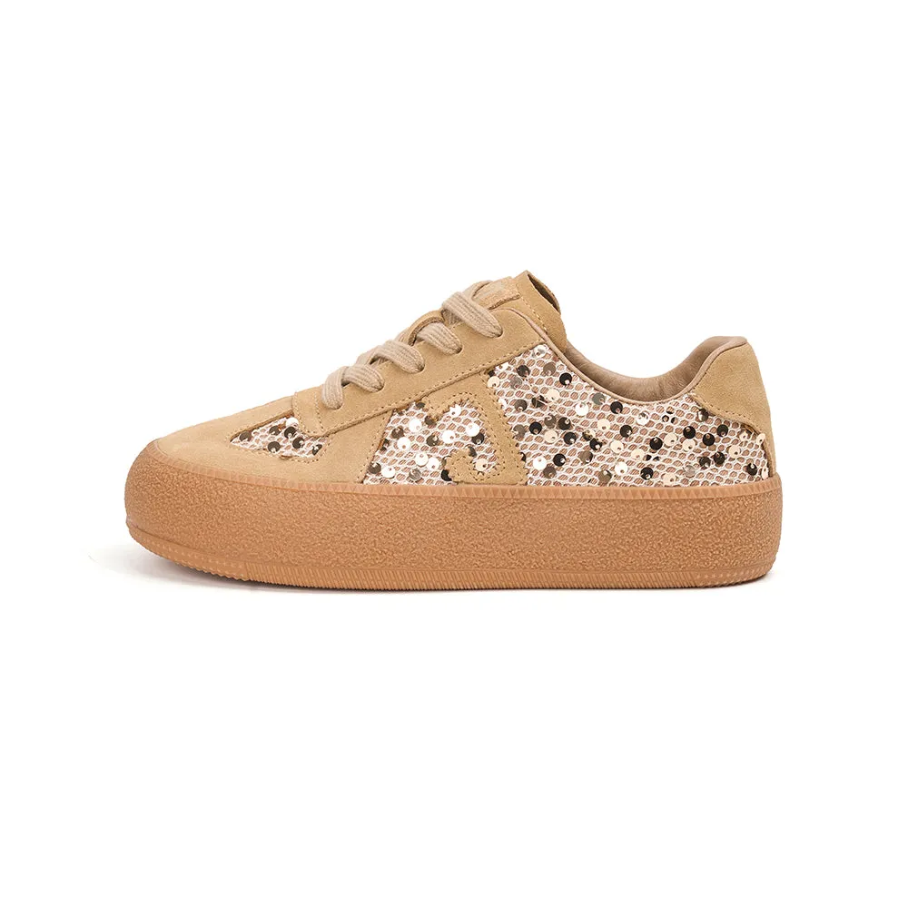 Women’s Lace-up Cow Suede and Sequins German Army Platform Trainers-83571W