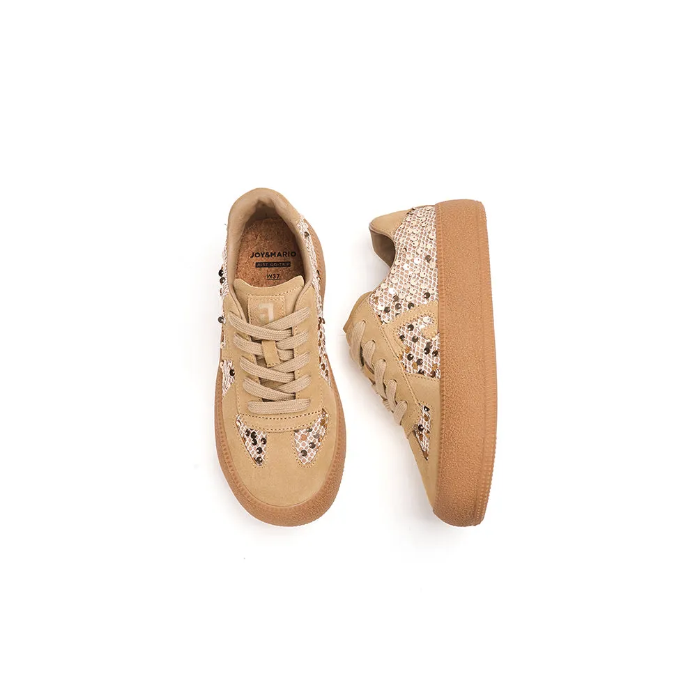 Women’s Lace-up Cow Suede and Sequins German Army Platform Trainers-83571W